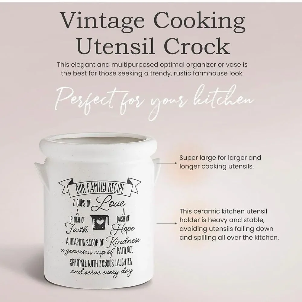 NWT “Our Family Recipe” Utensil White Speckled Ceramic Inspirational Container